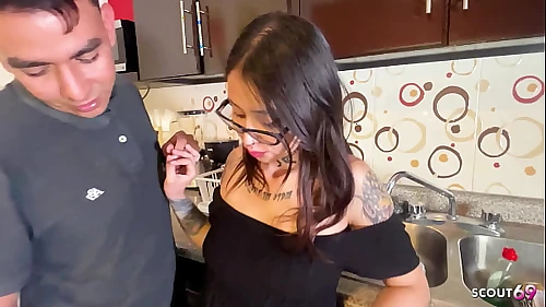 Nymphomaniac Crazy Inked Glasses Latina Step-Sister let Step-Brother cum again in her Face after Creampie